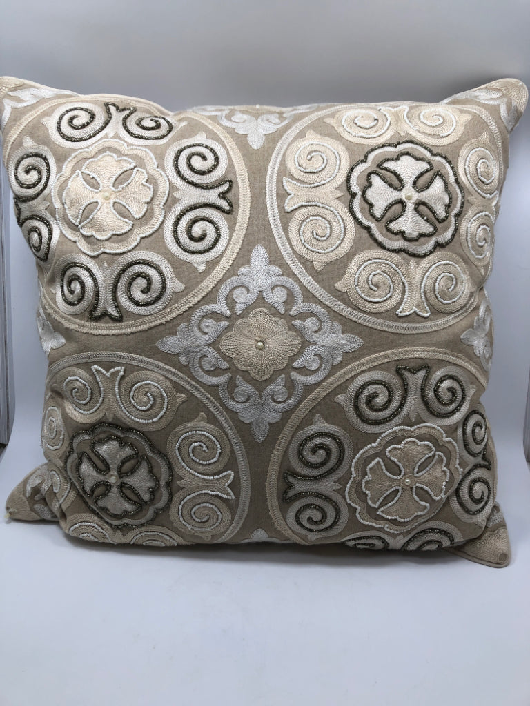 EMBROIDERED/BEADED PILLOW W/MEDALLION DESIGN.
