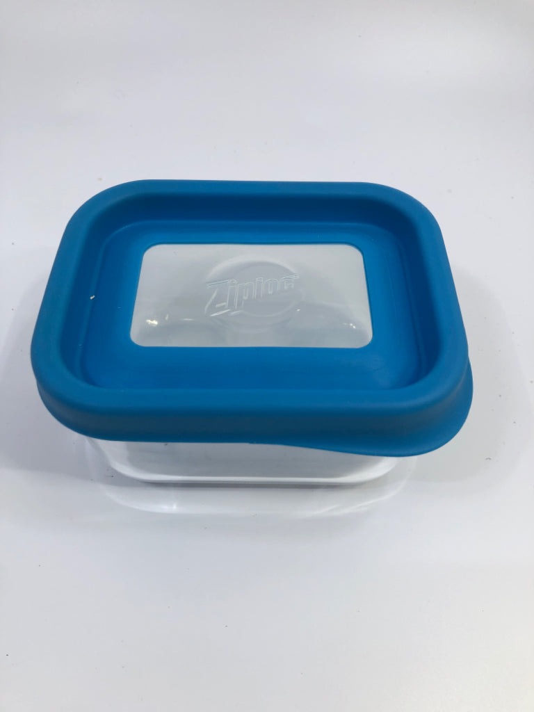 GLASS ZIPLOC CONTAINER W/BLUE LID.