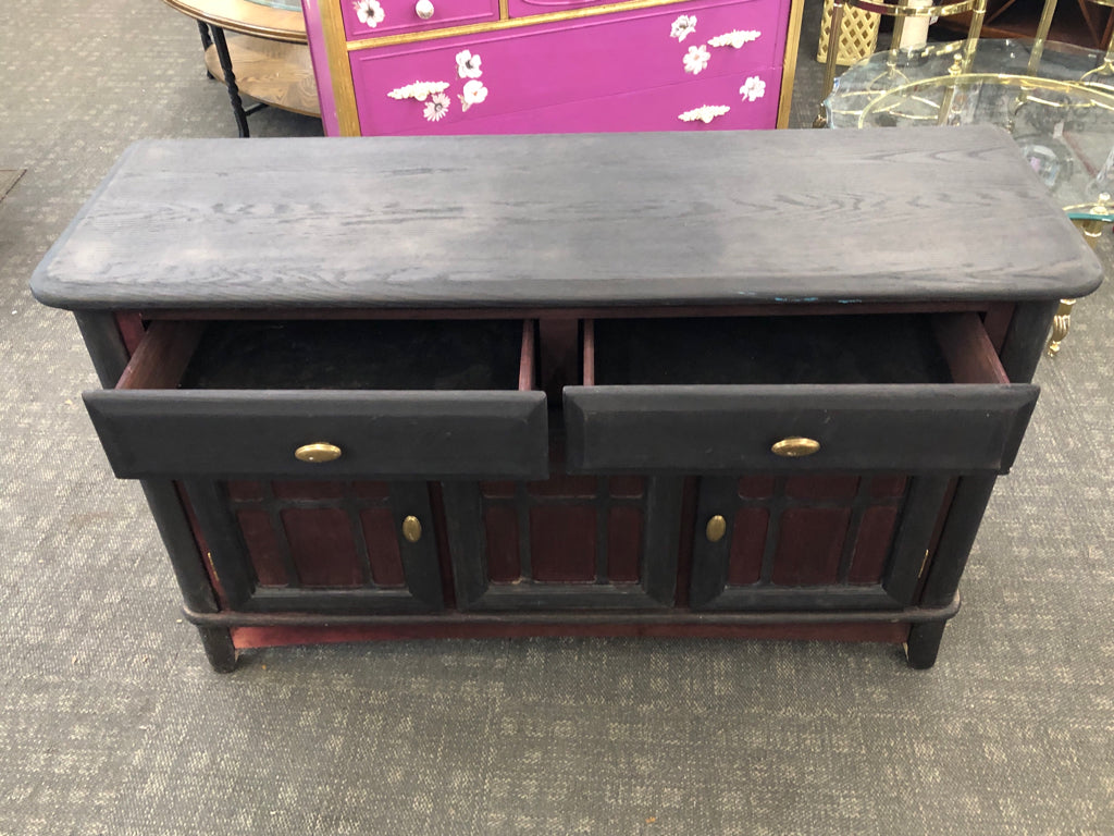 RUSTIC BUFFET TABLE 2 DRAWERS 3 LOWER CABINETS MATTE BLACK W/ DARK RED DETAILS B