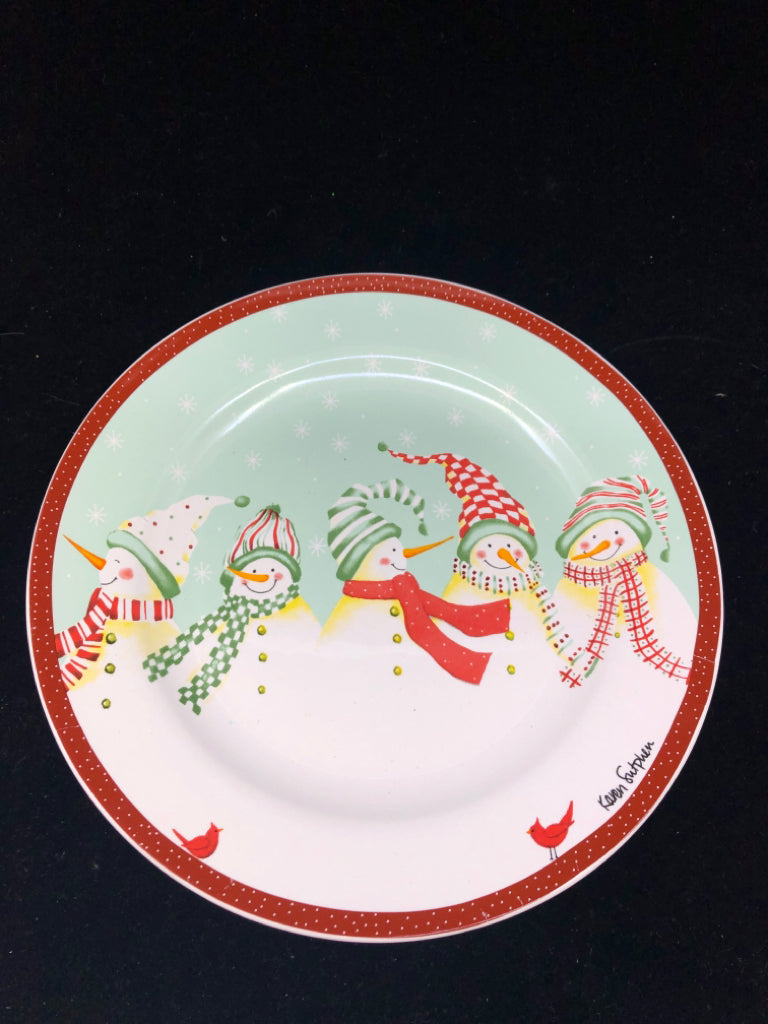 2 SNOWMEN PLATES W/ RED POLKA DOT EDGE.