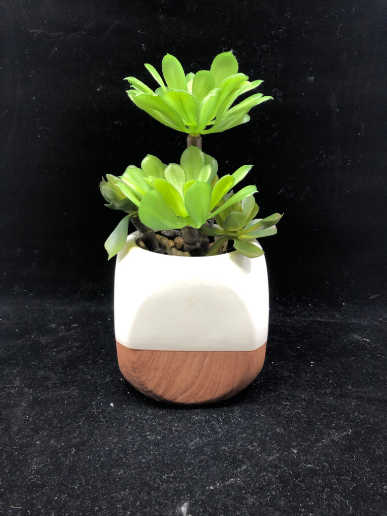 CERAMIC 2 TONED WHITE/WOOD PLANTER W/ FAUX PLANTS.