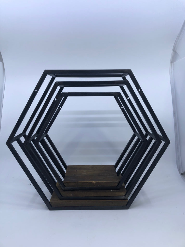 3 HEXAGON METAL + WOOD WALL SHELVES.