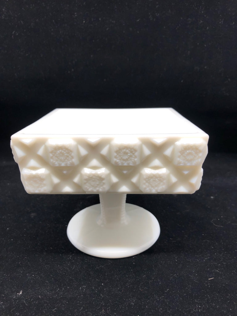 VTG FOOTED MILK GLASS SQUARE SHALLOW TEXTURED DISH.