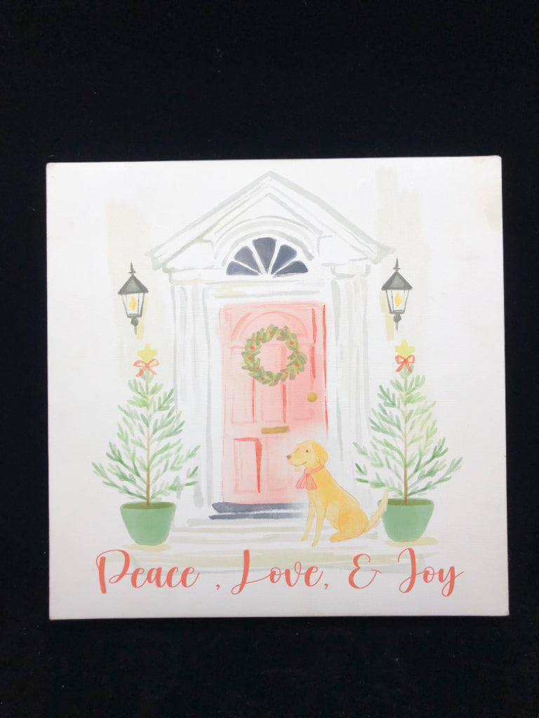 FRONT DOOR CANVAS W/ DOG "PEACE, LOVE, JOY" WALL ART.