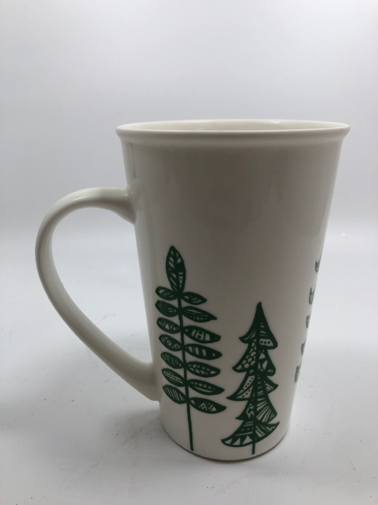 TALL WHITE W/GREEN TREES STARBUCKS MUG.