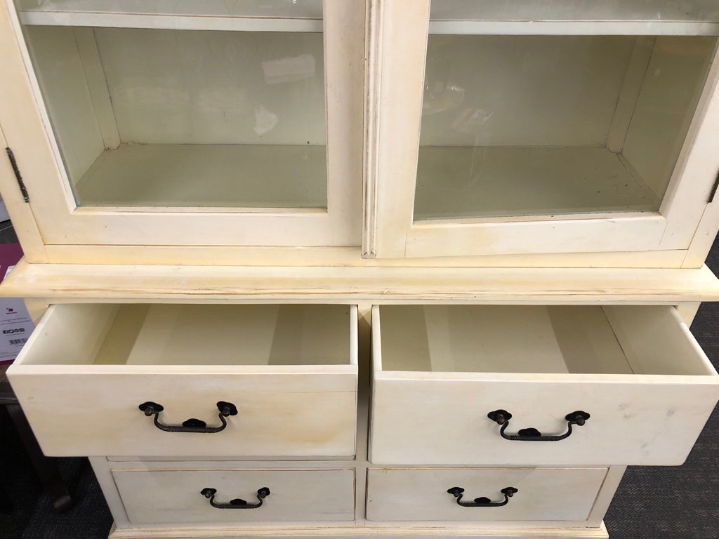 LARGE YELLOW/CREAM 2PC HUTCH 6 DRAWER 4 SHELF W GLASS DOORS AND BLACK HARDWARE.