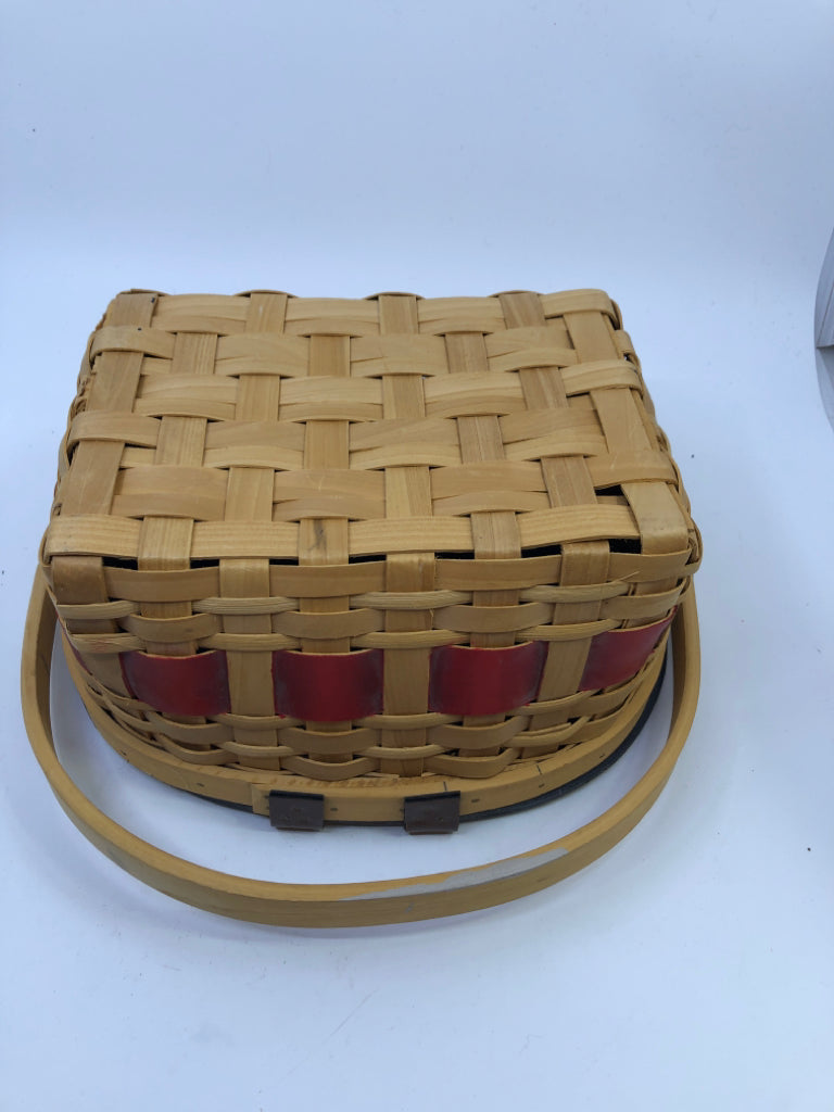BLONDE BASKET W WHITE POINSETTIA PAINTED LID AND HANDLE.