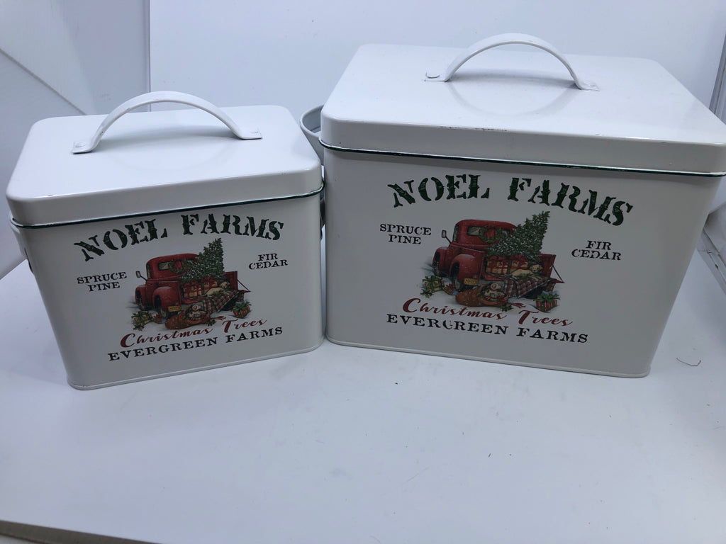 2PC NESTING WHITE METAL NOEL FARMS BINS.