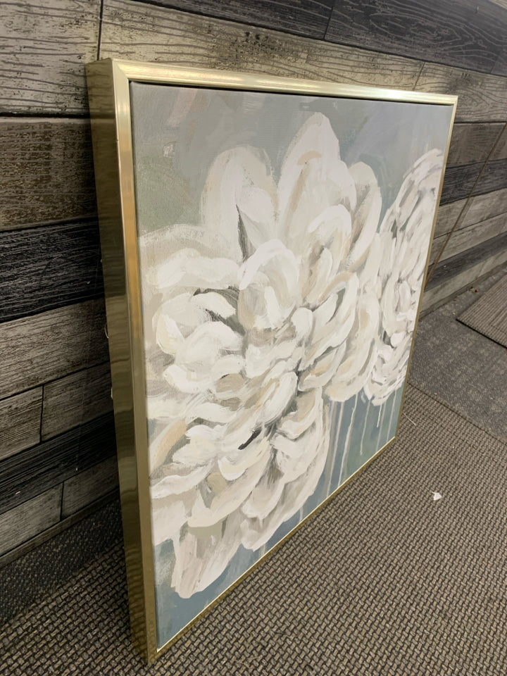 SAGE GREEN WHITE FLOWER CANVAS WALL HANGING IN GOLD FRAME.