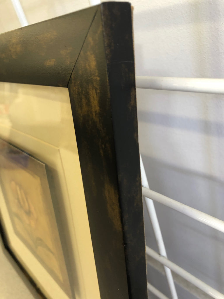 PINK FLOWER SHADOWBOX ART IN DK WOOD FRAME.