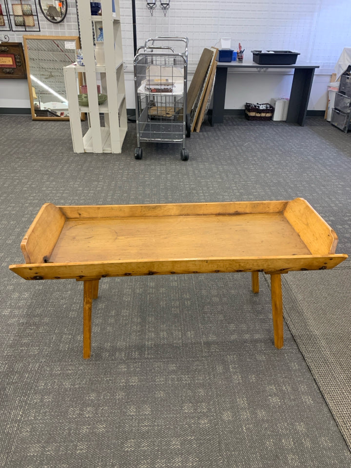 VTG COFFEE TABLE W/METAL HANDLES.