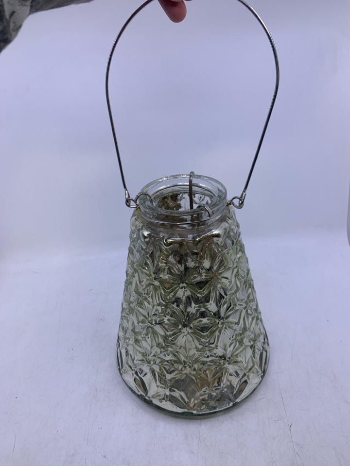 LARGE HEAVY MERCURY TEXTURED GLASS TEAL LIGHT LANTERN.