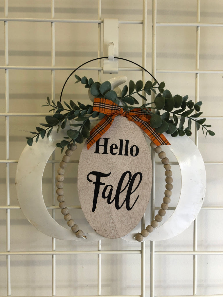 WHITE METAL HELLO FALL PUMPKIN DECOR.