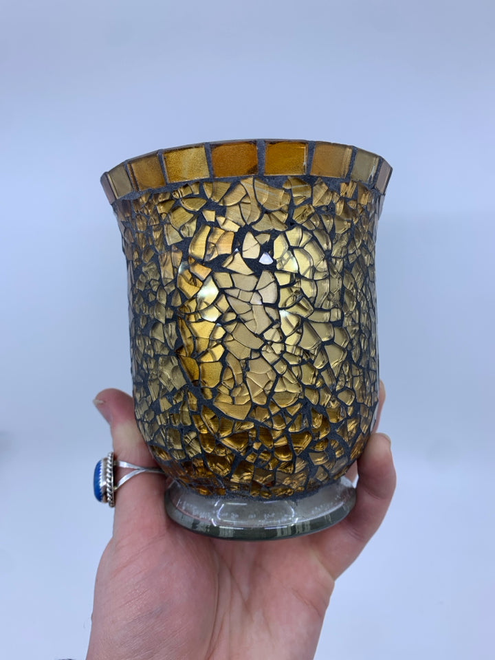 ORANGE MOSAIC CANDLE HOLDER W CANDLE.