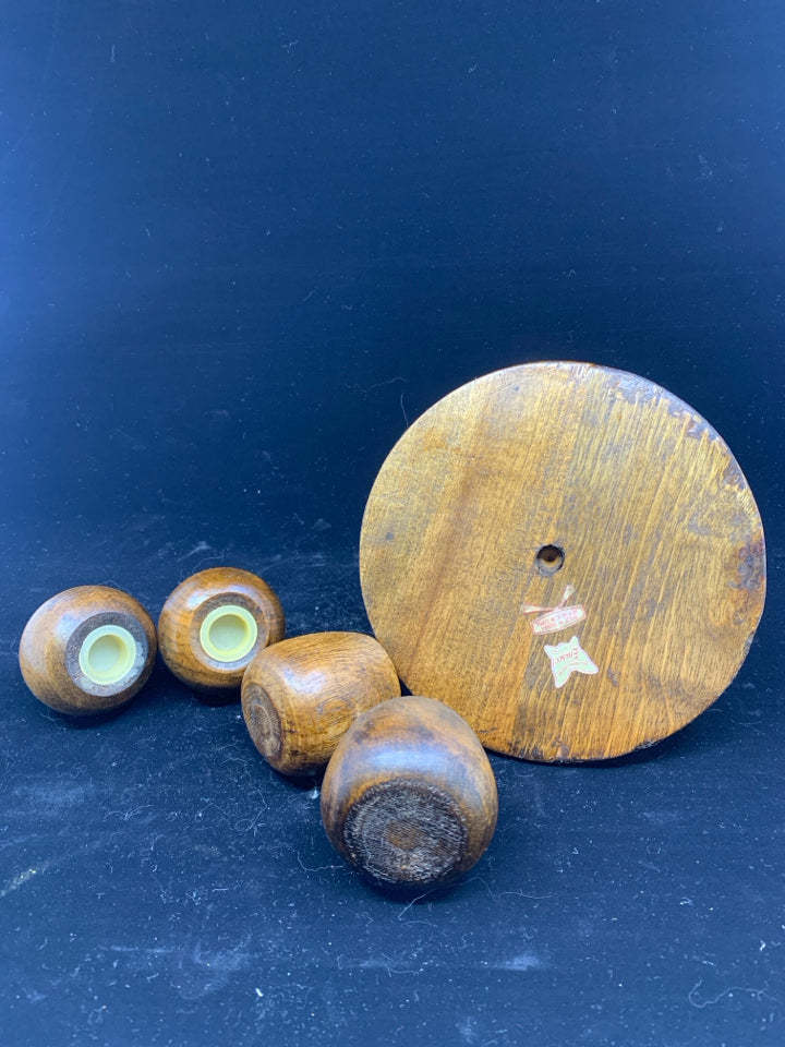 5PC VTG WOODEN SALT+PEPPER+SEASONING ON TRAY.