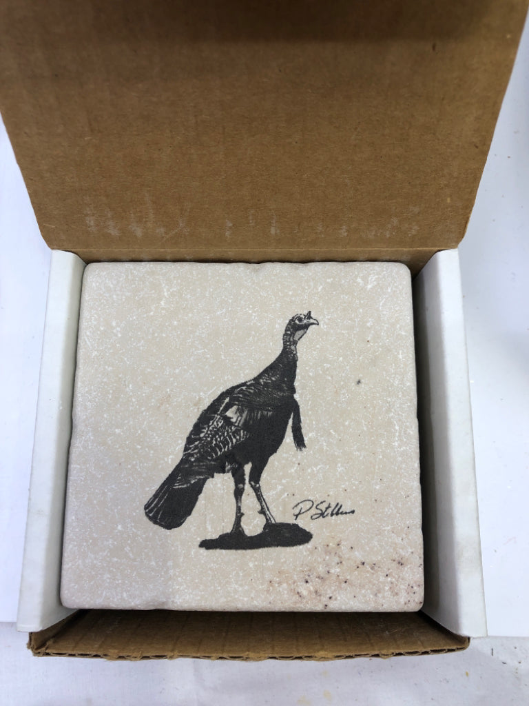 4 STONE WHITE COASTERS W/ TURKEY.