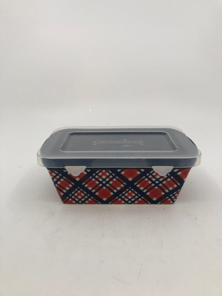 TEMPTATIONS BLUE+RED PLAID BAKING DISH W/ COVER.