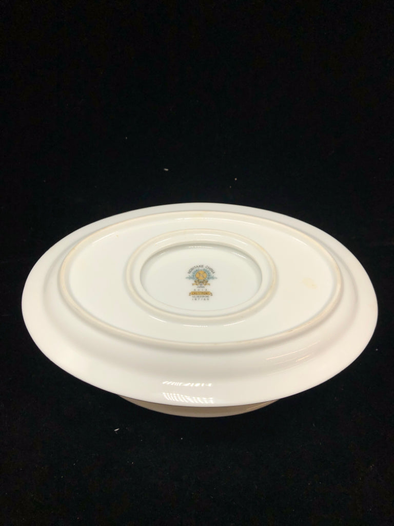 GRAVY BOAT W/ATTACHED DRIP DISH+SILVER RIM- CRESTMONT.
