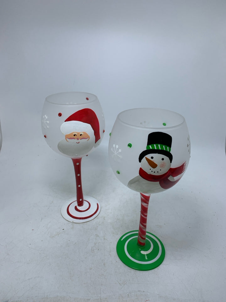 2 PAINTED SANTA/SNOWMAN WINE GLASSES.