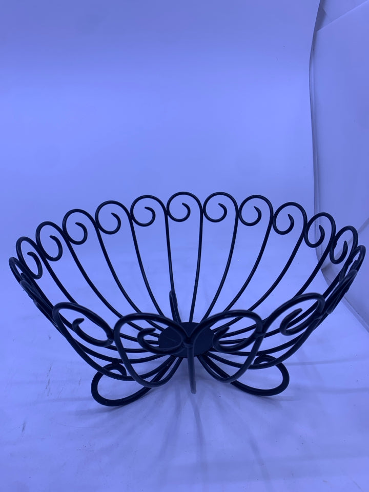 BLACK METAL FOOTED FRUIT BOWL.