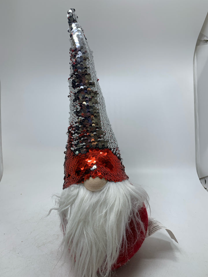 RED PLUSH GNOME W/ RED & SILVER SEQUENCE HAT.
