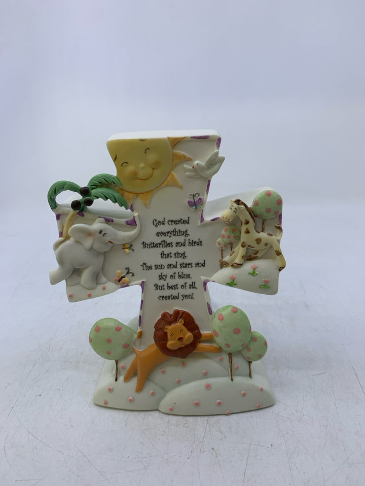 RESIN CROSS W/ ANIMALS BIBLE VERSE.