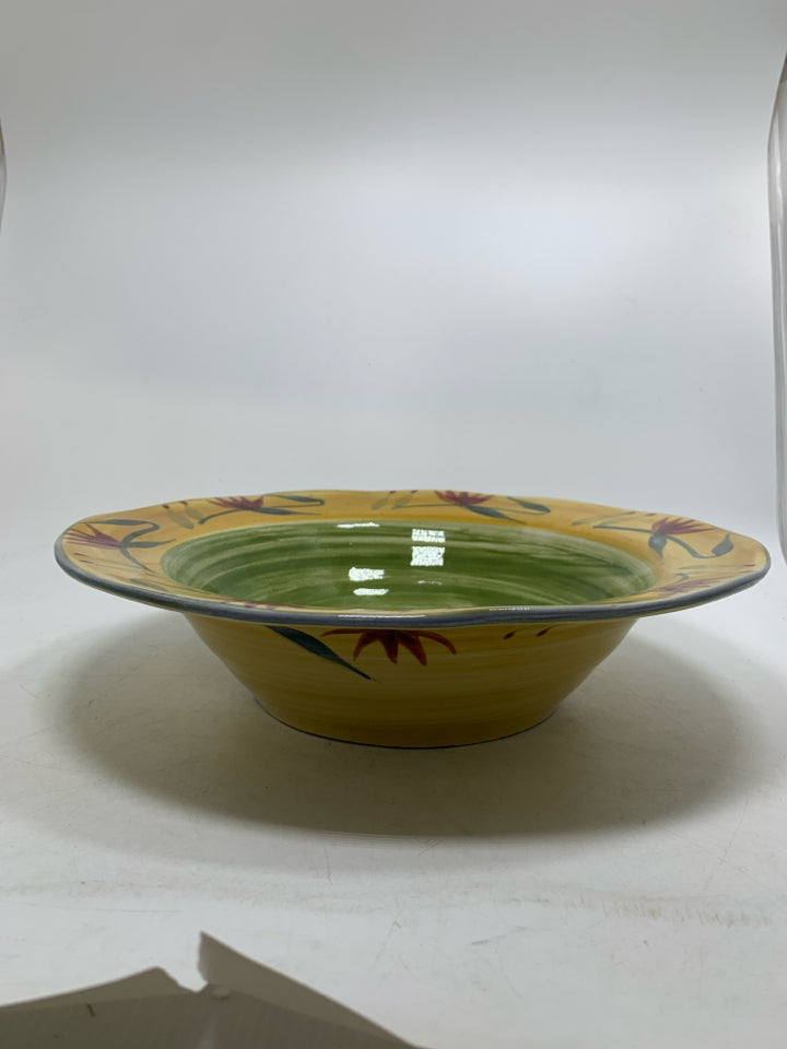 GREEN YELLOW W/ FLOWERS STONEWARE SERVING BOWL.