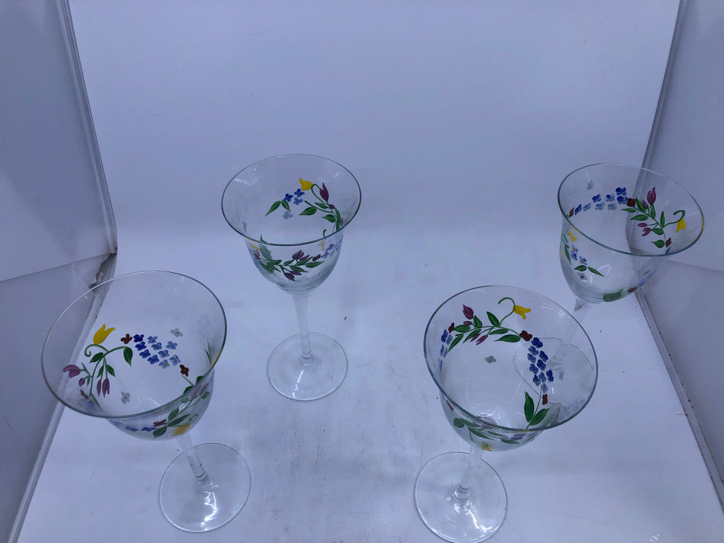 4 TALL FLORAL PAINTED WINE GLASSES.