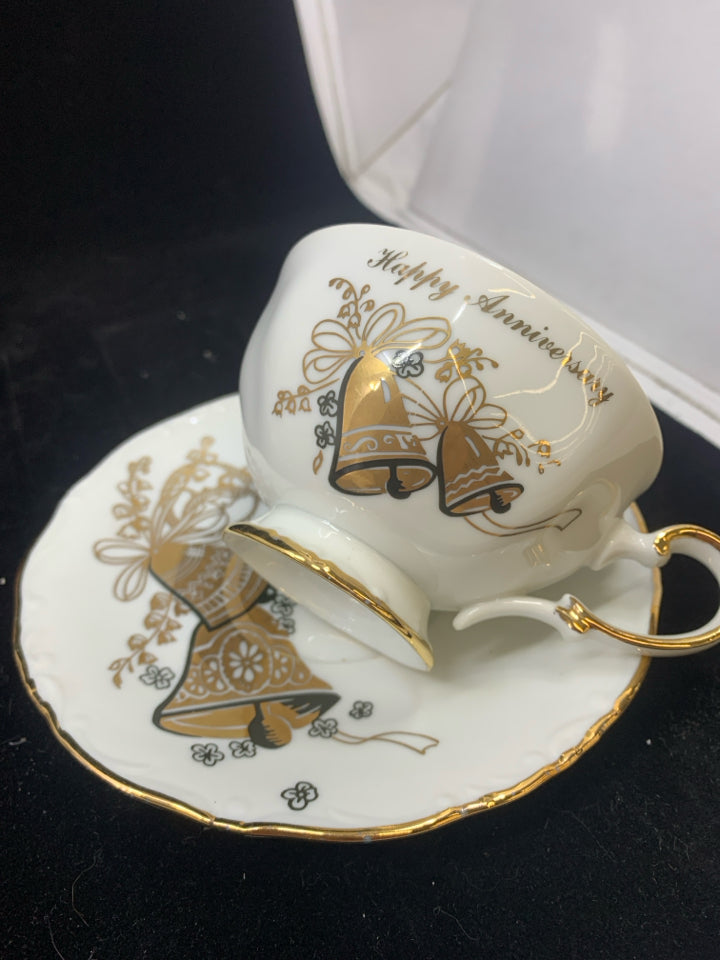 WHITE W/GOLD HAPPY ANNIVERSARY TERA CUP & SAUCER-ROYAL ANN.