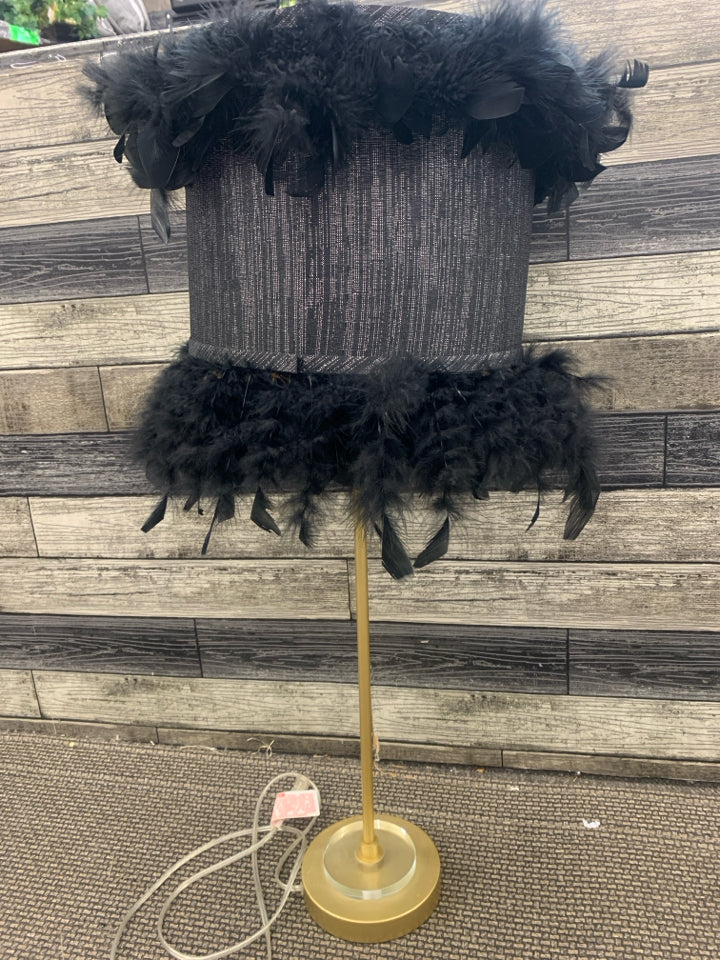 SKINNY BASE LAMP W BLACK FEATHER SHADE.