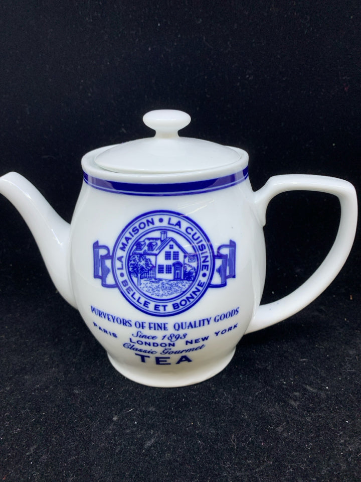 BLUE AND WHITE TEA POT.