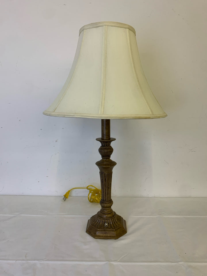 TAN METAL LAMP W/ CREAM SHADE.