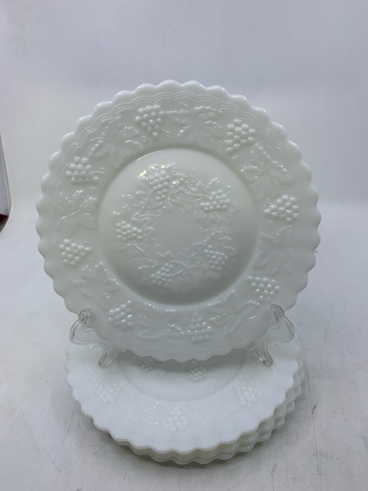 4 MILK GLASS LUNCH PLATES EMBOSSED GRAPES.