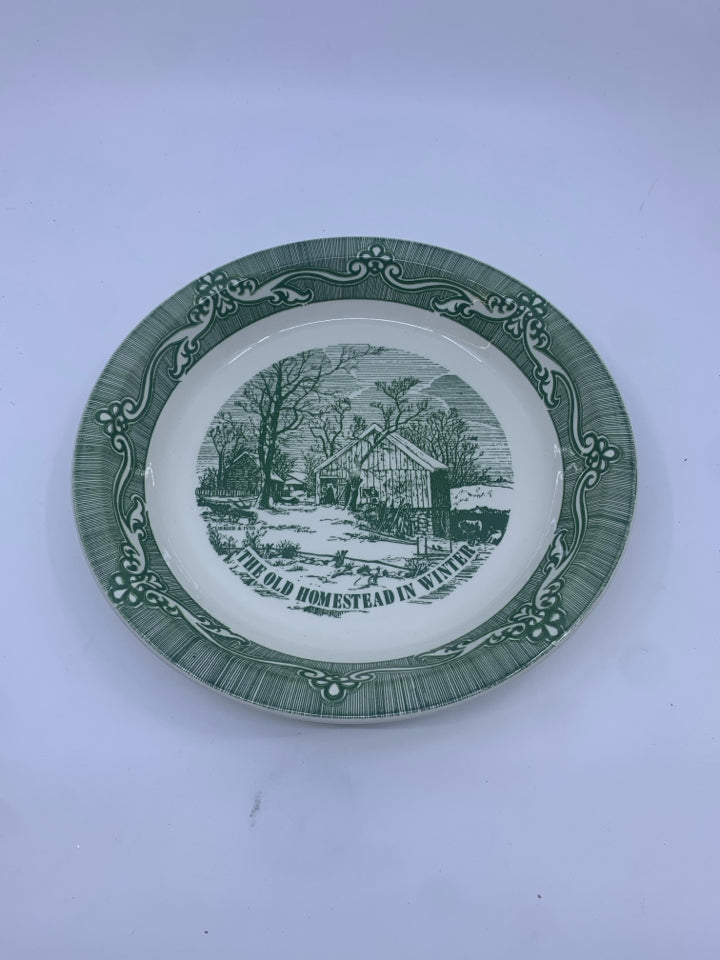 VTG GREEN THE OLD HOMESTEAD PIE PLATE.