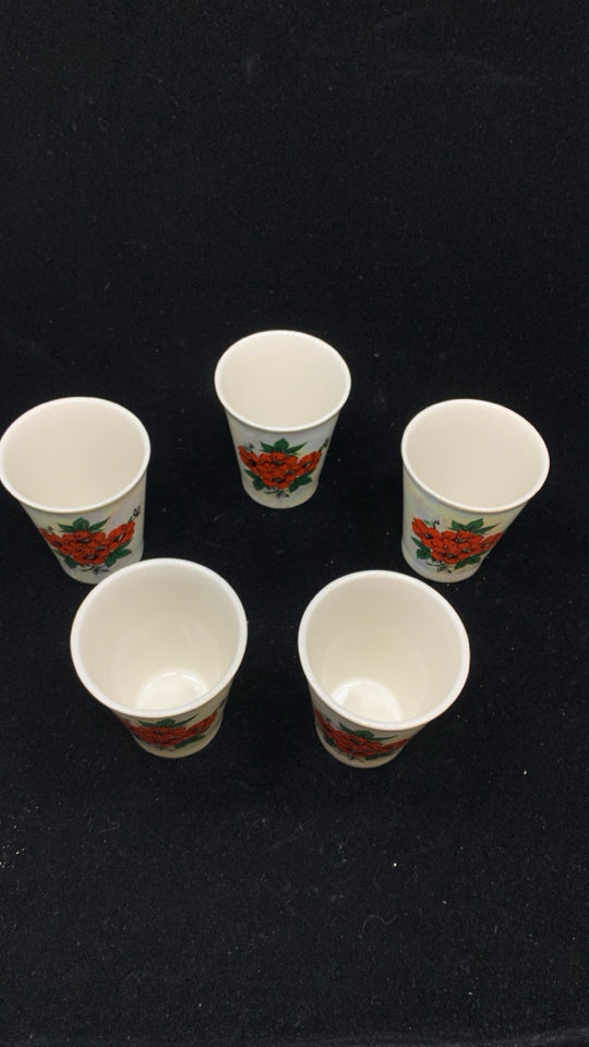 5 VTG RED POPPY PAINTED CERAMIC CUPS.