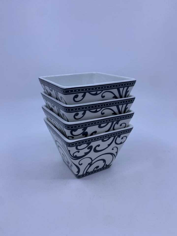 4 SMALL SQUARE BOWLS W/ BLACK SCROLL DESIGN.