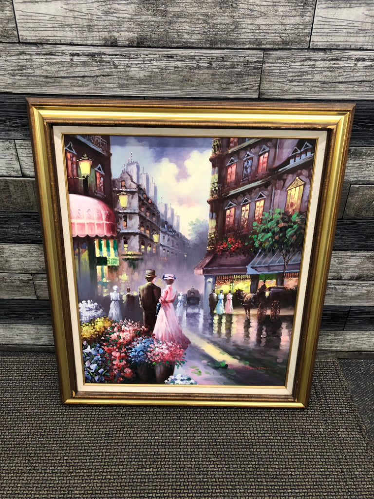 COUPLE IN STREET SCENE FRAMED PAINTING.