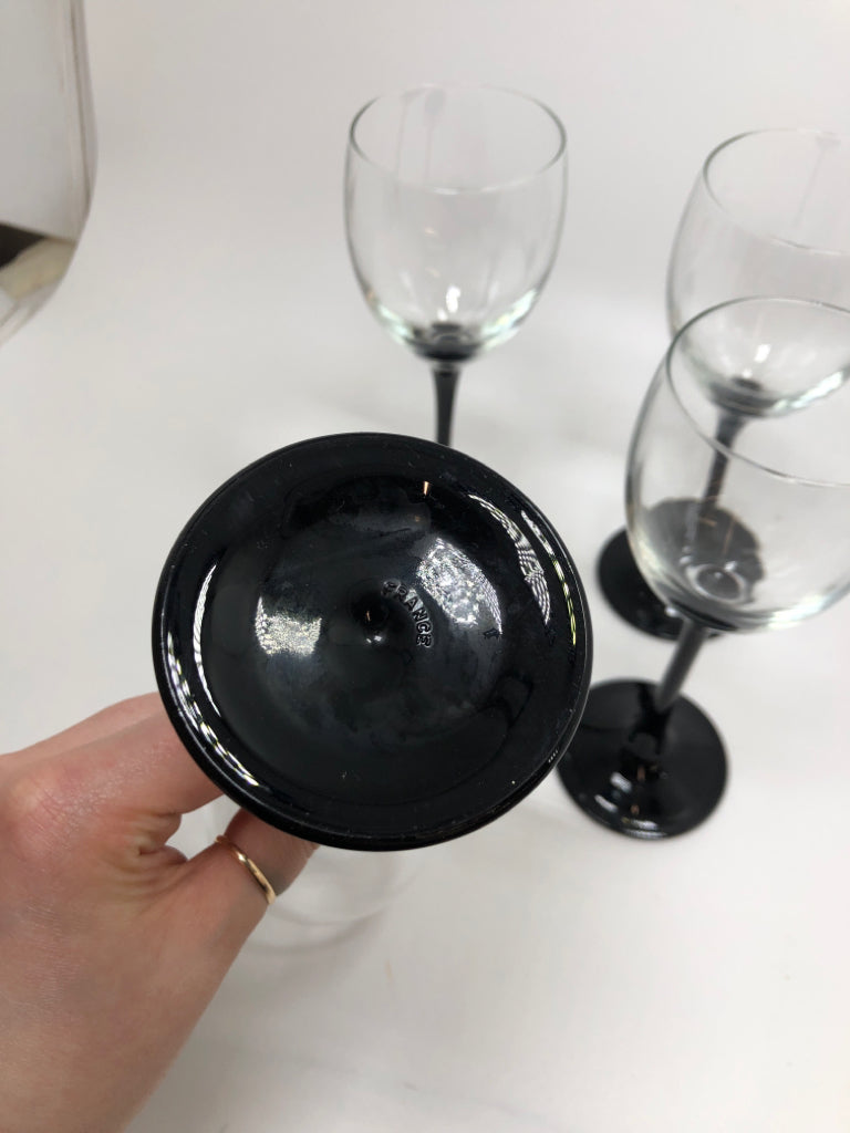 4 BLACK STEMMED CORDIAL GLASSES MADE IN FRANCE.