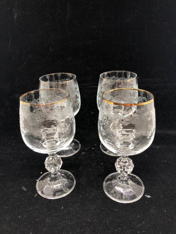 4 ETCHED WINE GLASSES W GOLD RIM.