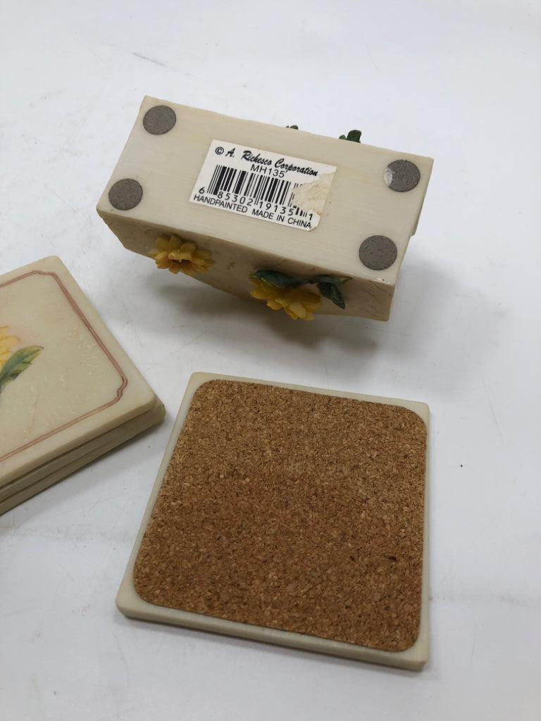 4PC SUNFLOWER COASTER W/HOLDER.