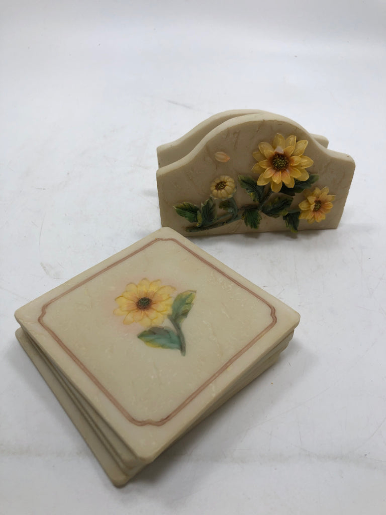 4PC SUNFLOWER COASTER W/HOLDER.