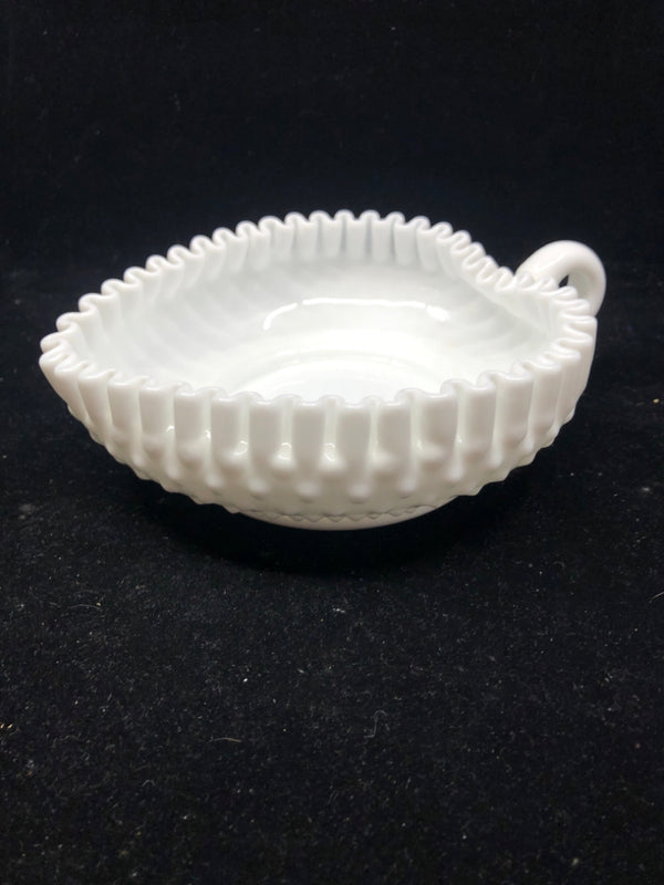 VTG HEART SHAPED RUFFLED EDGE CANDLE PLATE W HANDLE.