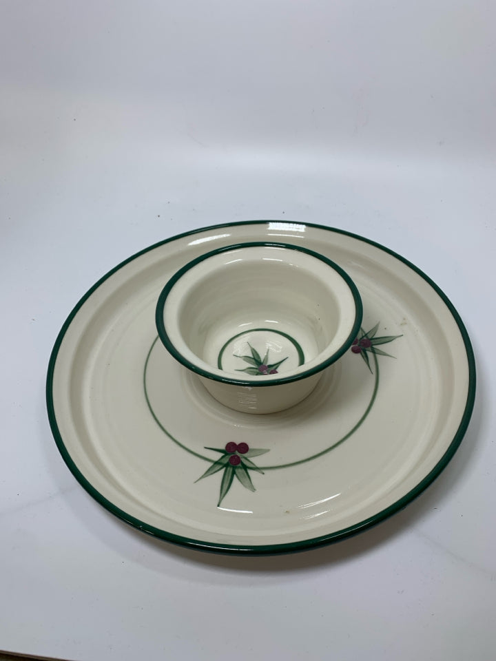 2 PC LIP PLATE W/ BOWL CHIP/DIP HOLLY PAINTED DETAILS.