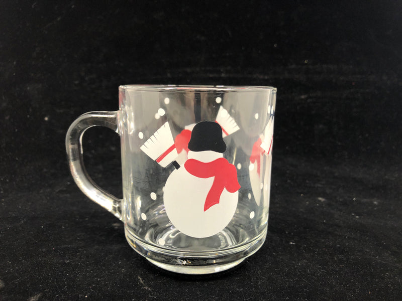 6 GLASS SNOWMAN CUPS + SAUCERS.