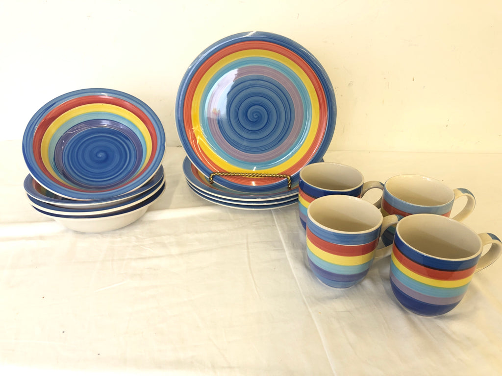 12 PC RAINBOW PATTERN SERV FOR 4- 4 DINNER PLATES, 4 BOWLS, 4 MUGS.