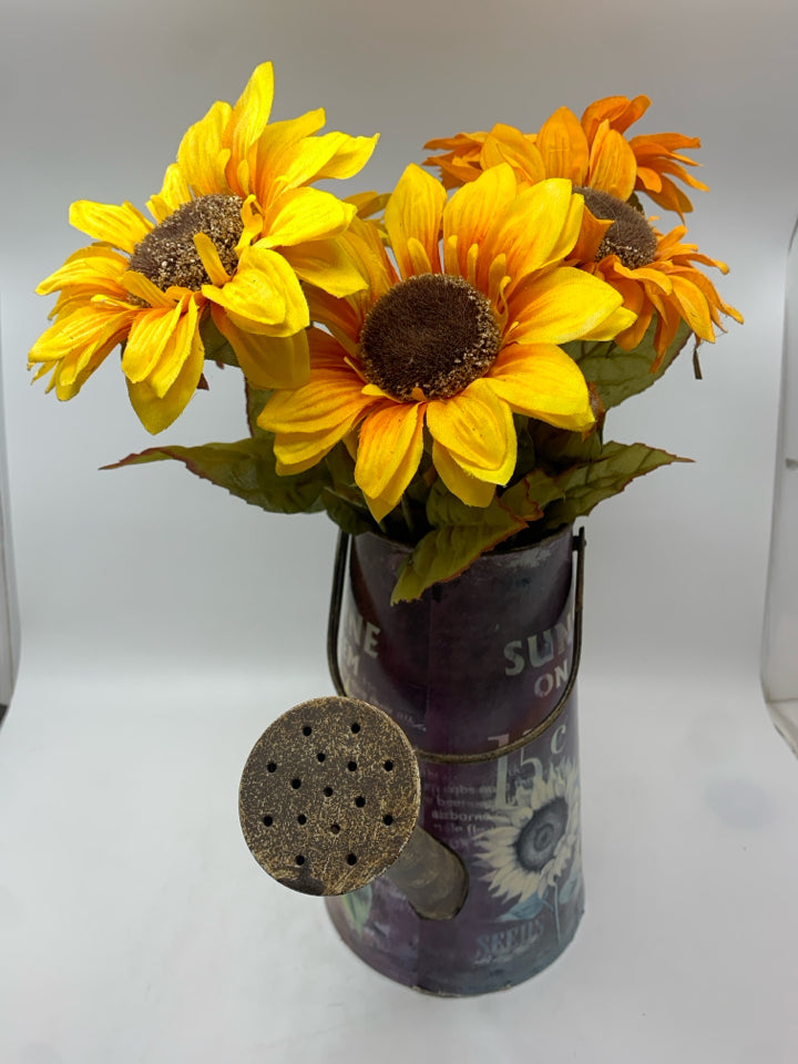 FAUX SUNFLOWERS IN METAL SUNFLOWER WATERING CAN.