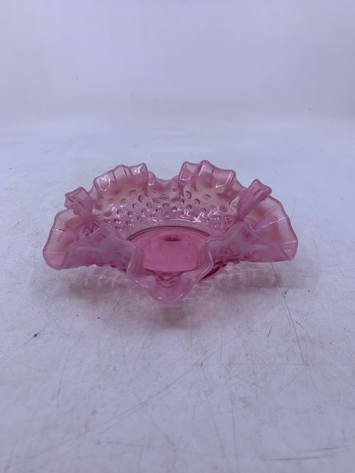 PINK HOBNAIL CANDLE PLATE W/ RUFFLED EDGE.