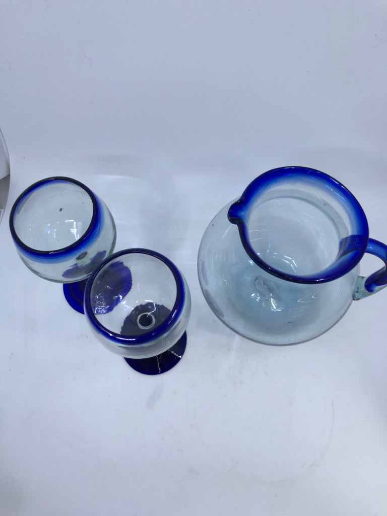 3PC BLUE BLOWN GLASS PITCHER + 2 GLASSES.