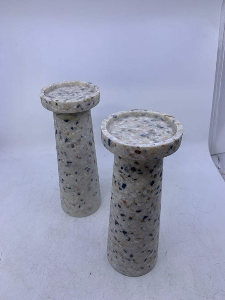 2 HEAVY FAUX STONE PILLAR CANDLE HOLDER W/ MULTI COLORED SPECKLES.