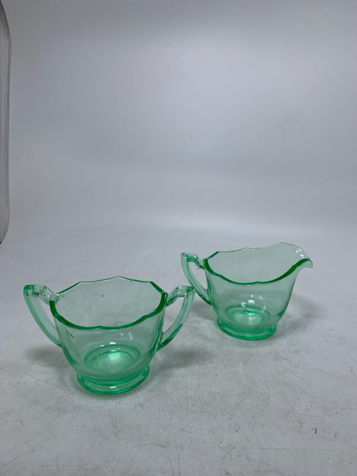 VTG GREEN DEPRESSION GLASS FOOTED SUGAR/CREAMER.